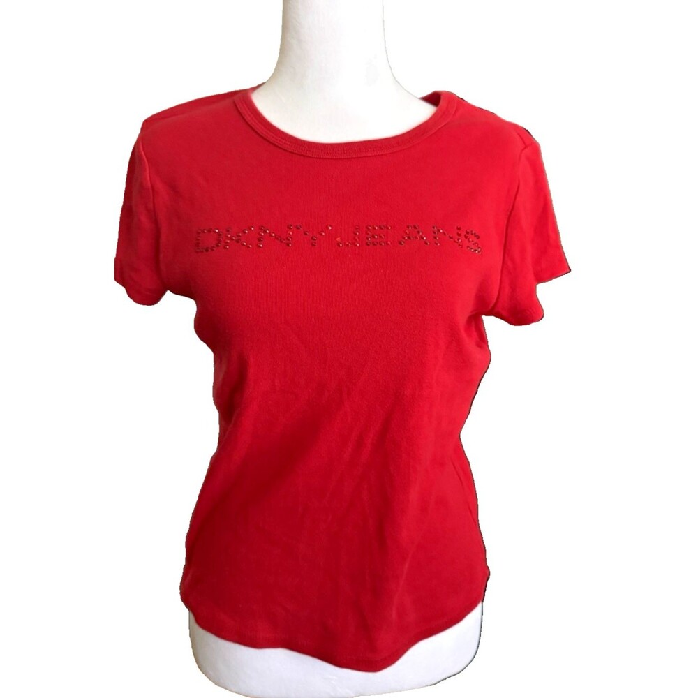 Vintage DNKY Women's Red Bedazzled logo T-shirt Size M USA 1990's